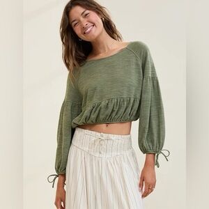 Aerie AE American Eagle Endless Summer Cropped Sweatshirt Olive Green Sz Medium